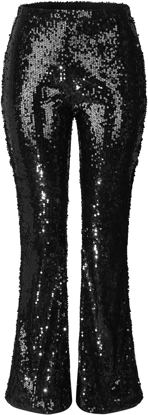 YOLAI Women's Sexy Sequined Shiny Flare Pants High Waist Stretch Bell Bottoms Pants Nightclub Party Trousers
