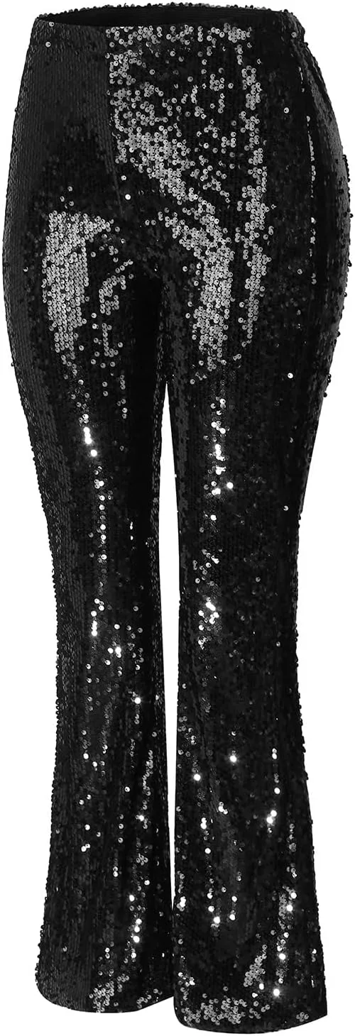 YOLAI Women's Sexy Sequined Shiny Flare Pants High Waist Stretch Bell Bottoms Pants Nightclub Party Trousers