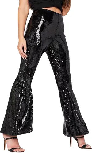 YOLAI Women's Sexy Sequined Shiny Flare Pants High Waist Stretch Bell Bottoms Pants Nightclub Party Trousers